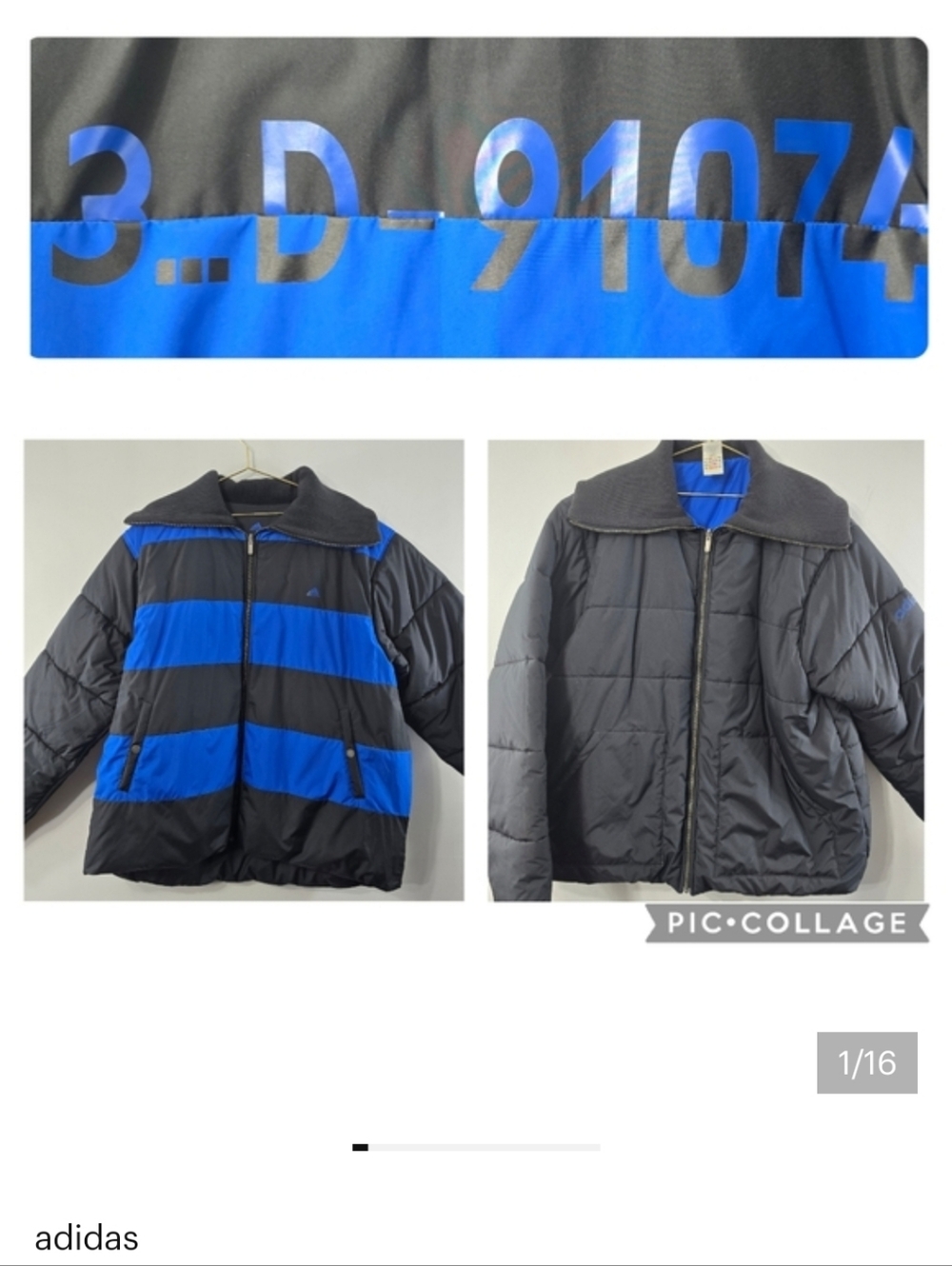 Adidas Reversible Puffer Coat Quilted Puff Rugby Stripe Wide Collar Size XL